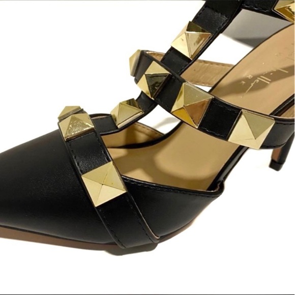 NICOLE MILLER Selty Black Gold Strap Studded Pointy Toe Heels Pumps - Picture 6 of 13
